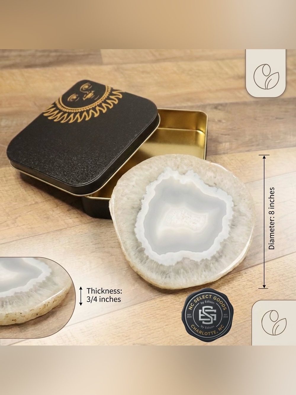 Crystal Agate Geode Display Slice 8 inches & Sun Celestial Decorative Tin⁠